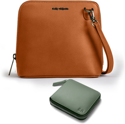 DailyObjects Tan Sling Bag Vegan Leather - Trapeze Crossbody Bag | Sap Green Leather Zip Wallet Combo(Pack of 2)