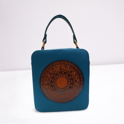 zarman fashion Blue Sling Bag Women Retro Genuine Leather Handbags Emboss Square Bag.