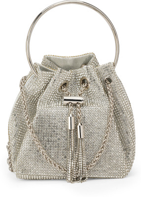 Globus Silver Hand-held Bag Embellished Metal Handle Party With Chain Drawstring Closure