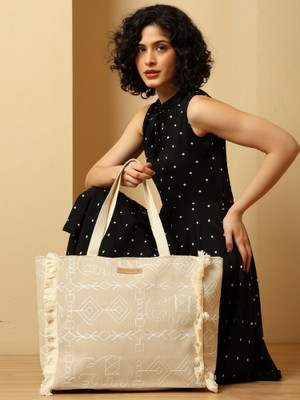 ENSAC Grey Hand-held Bag Women’s Beige Canvas Tote Bag with Print, Eco-Friendly Shoulder Bag