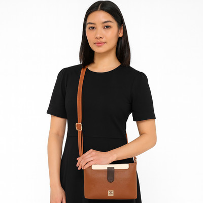 ESBEDA Tan Sling Bag Megan Colorblock Top Zip Sling Bag