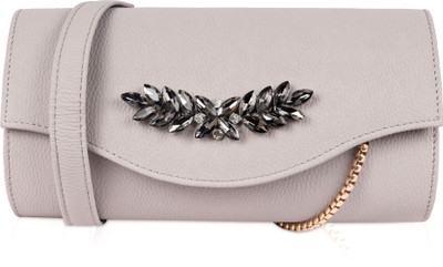 ILTEZA Beige Sling Bag Stylish grey clutch with crystals & chain – perfect for parties & evenings.
