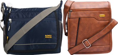 Blowzy Tan, Blue Sling Bag Artificial Leather Cross-Body Large Sling Bag for Men/Boys(Pack of 2)