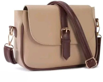 gracefull steps Beige Sling Bag Trendy PU Leather Sling Bag for Women with Zip Closure & Detachable Strap