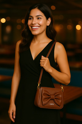 Catchy Brown Sling Bag Elegant Brown Bow Handbag – Stylish PU Leather Shoulder Bag for Women