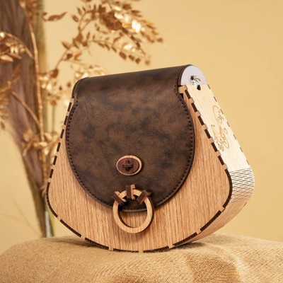 aley international Khaki, Brown Clutch Wooden Circular triangle Shape clutch bags with Leather Flap