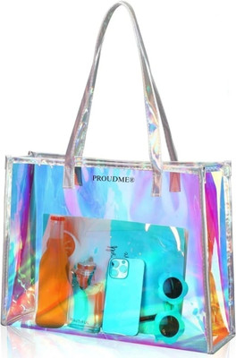 PROUDME Silver Tote Holographic Transparent Women's Tote Bag Iridescent Rainbow Shine