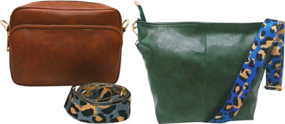 Dakota Brown, Green Sling Bag /Crossbody Bag with Grey Adjustable Belt for Girls & Women(Pack of 2)