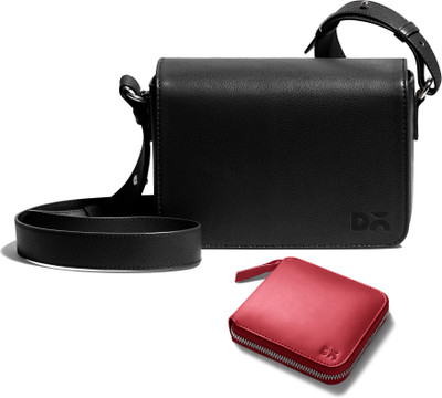 DailyObjects Black Sling Bag Sol Box Shoulder Bag | Crimson Red Vegan Leather Zip Wallet Combo(Pack of 2)
