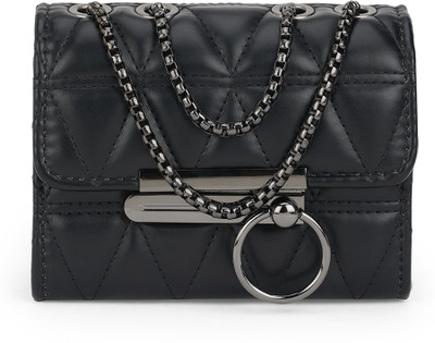 Globus Black Sling Bag Puffed Quilted Small Recgular Party With Gunmetal Chain Strap