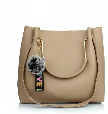 GEWEES Brown Hand-held Bag Faux Leather Handbag for Women with Fur Pom-Pom & LOVE Tag – Stylish Casual