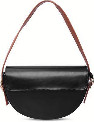 TreasureTrims Black Sling Bag Half-Moon Shoulder Bag, Black Faux Leather with Brown Strap, Classic Design