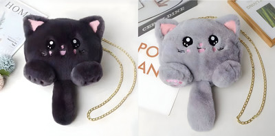 Nappmall Black, Grey Sling Bag Women Shoulder Bag Cute Soft & Fluffy Teddy Bear Sling Bag | Side Bags(Pack of 2)