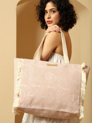 ENSAC Pink Hand-held Bag Women’s Canvas Tote Bag with Prints, Eco-Friendly Fringe Shoulder Bag
