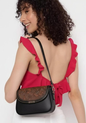 LIZIQI Black Sling Bag Designer PU Leather Women Sling Bag Floral Carving Floral Embossed