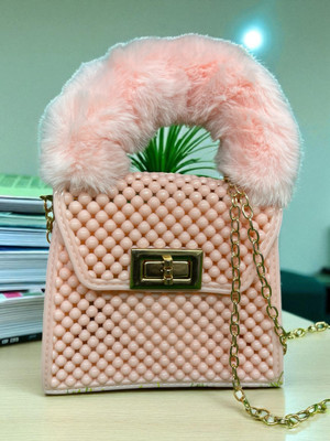 LEDORE Multicolor Sling Bag pink beaded body and a fuzzy handle