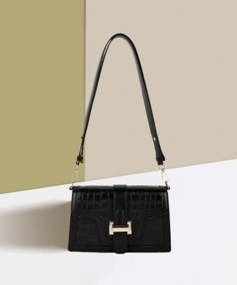 LINO PERROS Black Shoulder Bag Womens Croco Black Hand Bag