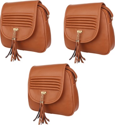 Rajni Fashion Brown Sling Bag Girls & Women Casual Brown PU Sling Bag(Pack of 3)