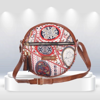 Leather Land White, Red Sling Bag IMPORTED FRENCH ROUND IN 'WHITE AND RED' KATTI CLOTH