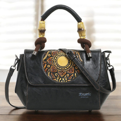 Exotic Premium Black Satchel Vintage Retro Embossed Sling Bag