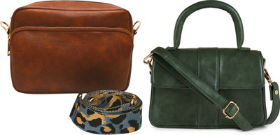 Dakota Brown, Green Sling Bag /Crossbody Bag with Grey Adjustable Belt for Girls & Women(Pack of 2)