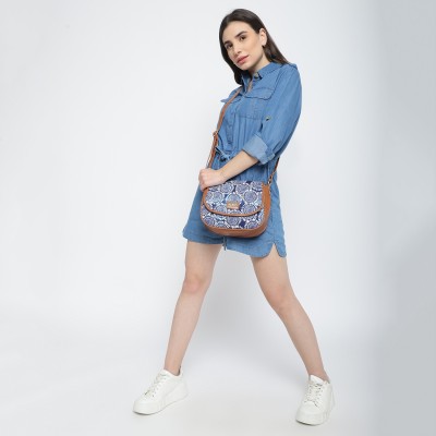 KLEIO Blue Sling Bag Printed Canvas PU Leather Cross Body Side Sling Bag For Women Girls