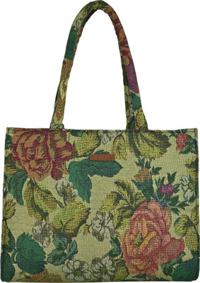 ENSAC Green Hand-held Bag Women’s Vintage Floral Tote Bag, Elegant Fabric Handbag