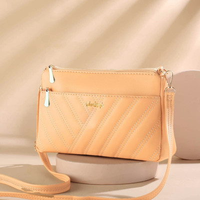 LIKE STYLE Beige Sling Bag Abstract Quilted Sling Bag with Detachable Strap