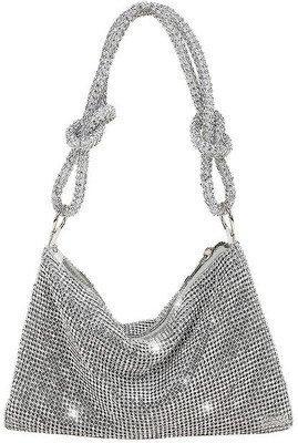 BLUE BEADS Silver Sling Bag Women Handbag Silver Color Full Rhinestone Crystal Clutch Sparkling Glitter Bag