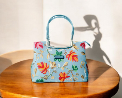Gorgeous Creation Blue Messenger Bag Ethnic Embroidered Handbag with Zipper Closure