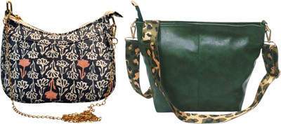 Dakota Grey, Green Sling Bag In Floral Printed Cotton with Multiple Compartments & Pockets(Pack of 2)