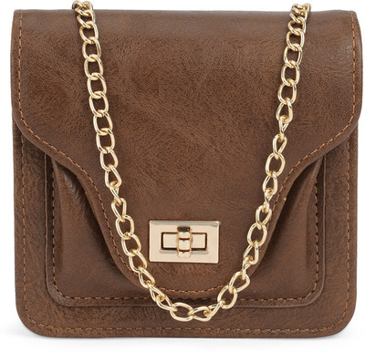 Globus Brown Sling Bag Textured Twistlock Small Square Party With Detachable Chain Strap