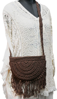 Onish Brown Sling Bag Handmade Brown Crochet Sling Bag with Fringe – Boho Crossbody Purse for Women