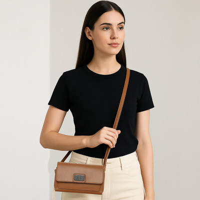 ESBEDA Tan Sling Bag Ruby Charm Wallet Slingbag