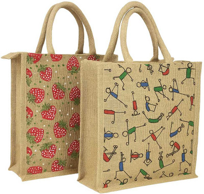 ReVerve Multicolor Tote Artistic Stick & Strawberry Printed Jute Tote | Eco-Friendly Reusable Bag(Pack of 2)