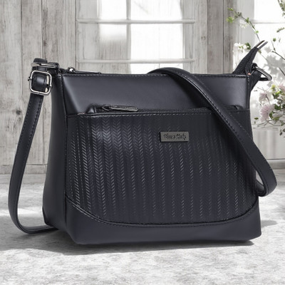 Women Marks Black Sling Bag Leaf Embossed Pattern