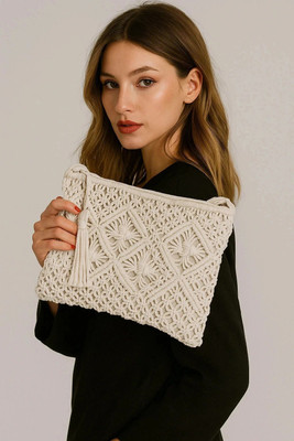 IMIARA White Sling Bag Macrame Shoulder Boho Chic Eco-Friendly for Daily Use Girls with Tassels