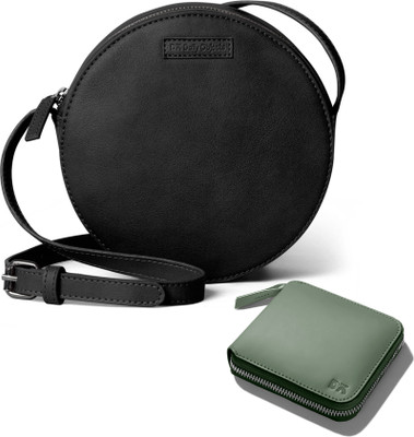 DailyObjects Black Sling Bag Faux Leather - Orbis Crossbody Bag | Sap Green Vegan Leather Zip Wallet Combo(Pack of 2)