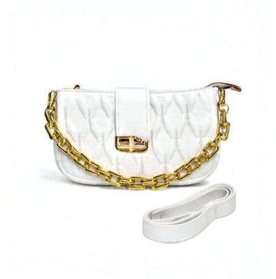 Faisalhub White Sling Bag Elegant White Quilted Mini Shoulder Bag with Gold Chain