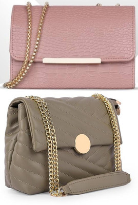 Bag ward Pink, Khaki Sling Bag Stylish Fancy Unique Design Sling Bag For Women's/Girls(Pack of 2)