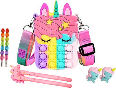 SANYA TRADERS Multicolor Sling Bag Multi-Color Pop-It Pouch Combo Of 7 Items For School Kids