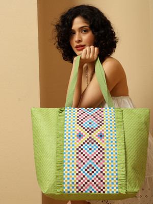ENSAC Green Hand-held Bag Women’s Jute Tote Bag with Geometric Pattern, Large Stylish Handbag for Casual
