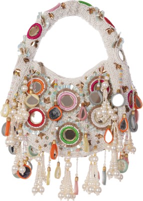 Ibra White Hand-held Bag Handmade Multicolour Pearl Handbag for Women