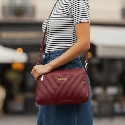 LIKE STYLE Maroon Sling Bag Abstract Quilted Sling Bag with Detachable Strap