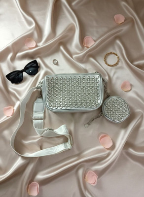 DOSYSO Silver, Clear Sling Bag Rhinestone sling bags for women with coin pouch broad strap girls party purse