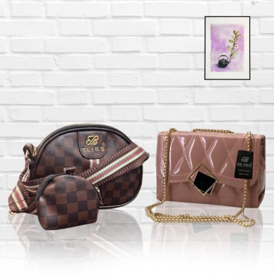 Bliss Brown, Pink Sling Bag Combo coin pocket brown black lock vivid pink Pu leather girls women(Pack of 2)