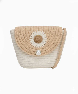 Shifa Creation Beige Sling Bag Trendy Flower Design Small Sling Bag | Beige Jute Sling Bag for Girls