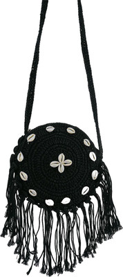 OJASH Black Sling Bag Handmade Black Crochet Round Sling Bag with Shell Detailing & Fringe , Crossbody