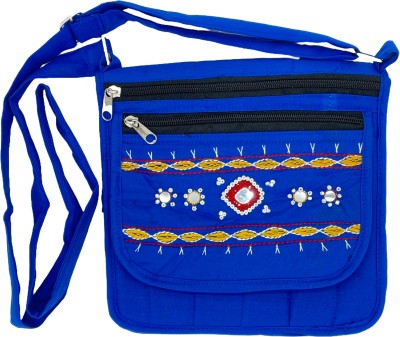 SriShopify Handicrafts Blue Sling Bag Cotton Sling Bags For Women Ladies Handmade Embroidered Cross Body Bags Blue