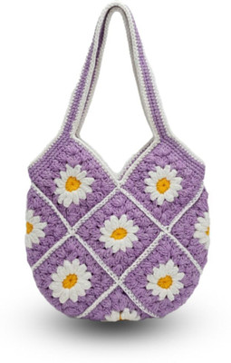 PA CREATION Purple Shoulder Bag Elegant Crochet Floral Tote | Handmade Bohemian Shoulder Bag for Girls